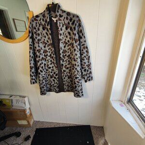 Knit Long sweater coat in grey, brown & black print by Time & Tru Sz 12-14